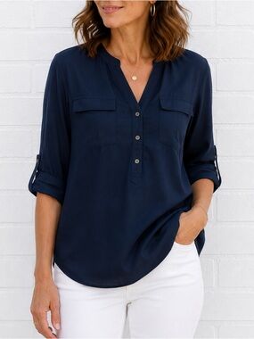 Pendleton 100% Cotton Utility Top S Navy Roll Tab Coastal Grandmother Nautical
